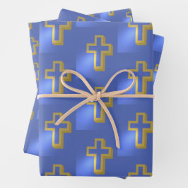 宗教的なクリスチャンゴールデンクロス薄紫ブルーイースター ラッピングペーパーシート