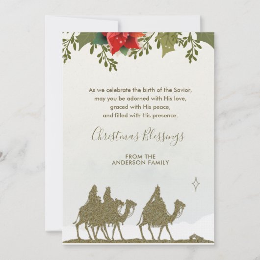宗教的なクリスマスの三賢士 ポインセチア シーズンカード (正面)