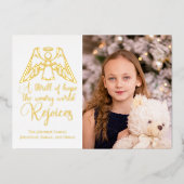 宗教的なクリスマスエンジェルエレガントキッズフォト金ゴールド 箔シーズンカード (正面)