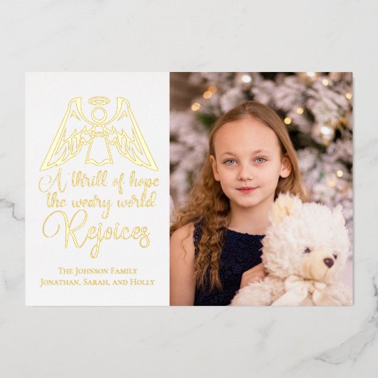 宗教的なクリスマスエンジェルエレガントキッズフォト金ゴールド 箔シーズンカード (正面)