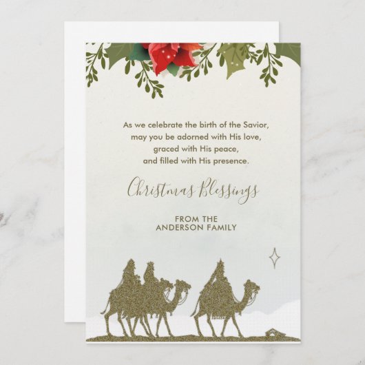 宗教的なクリスマススリーキングスポインセチア シーズンカード (正面/裏面)