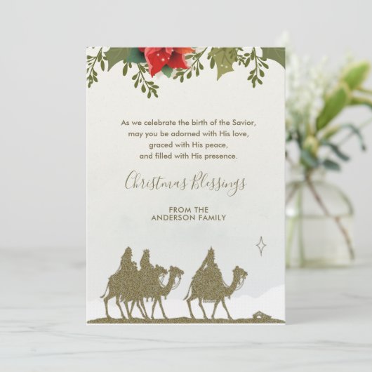 宗教的なクリスマススリーキングスポインセチア シーズンカード (スタンド正面)