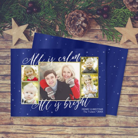 宗教的なクリスマスフォトカード、ネイビーブルー金ゴールド シーズンカード