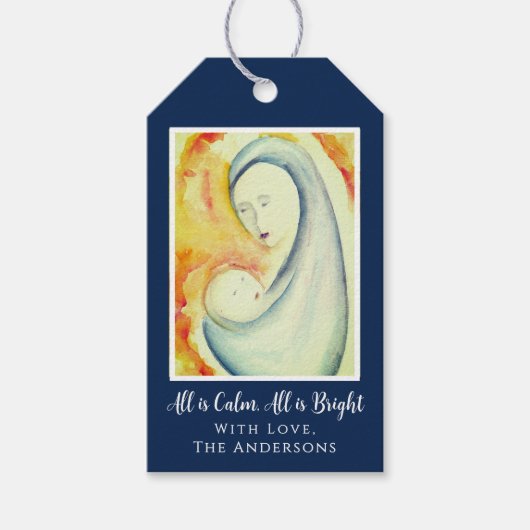 宗教的なクリスマスマドンナと子供の水色 ギフトタグ (正面)