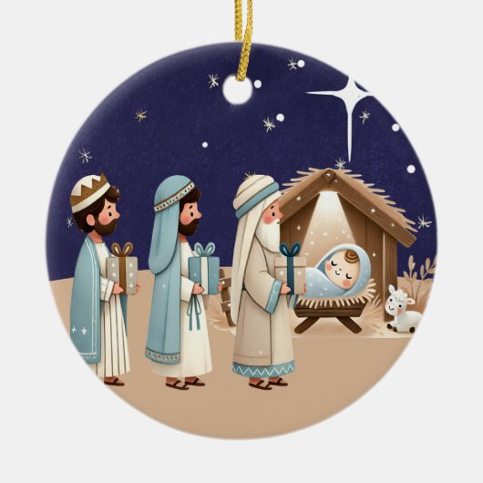 宗教的なクリスマス出生シーンと聖なる書物、 経典 セラミックオーナメント (正面)