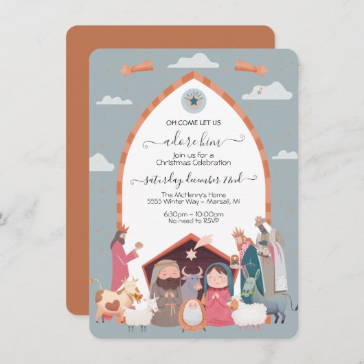 宗教的なクリスマス出生シーンパーティーの招待 招待状 (正面/裏面)