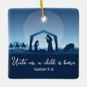 宗教的なクリスマス出生シーンブルークリスチャン セラミックオーナメント (正面)