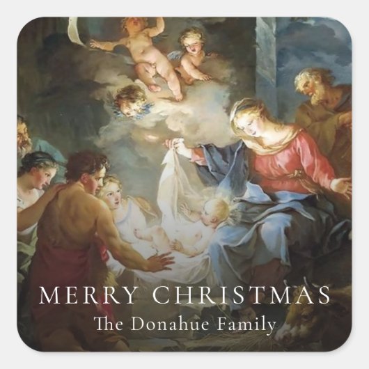 宗教的なクリスマス出生神聖な家族ギフトラベル スクエアシール (正面)