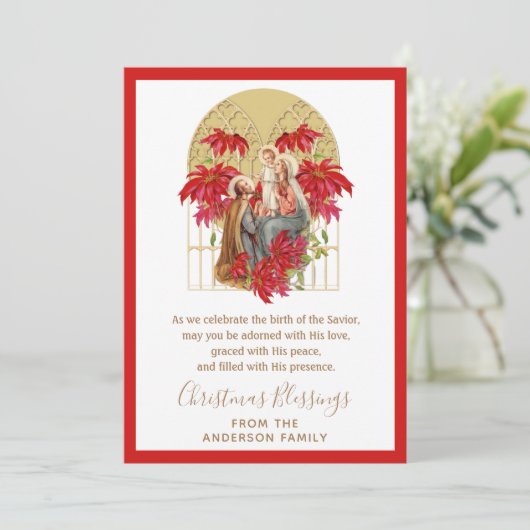 宗教的なクリスマス神聖な家族ポインセチア シーズンカード (スタンド正面)