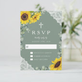 宗教的なクロスセージ緑のひまわりレース結婚の 出欠カード (スタンド正面)