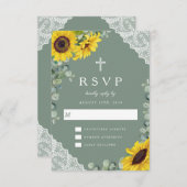 宗教的なクロスセージ緑のひまわりレース結婚の 出欠カード (正面/裏面)