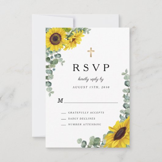 宗教的なクロスセージ緑のひまわり結婚の花 出欠カード (正面)