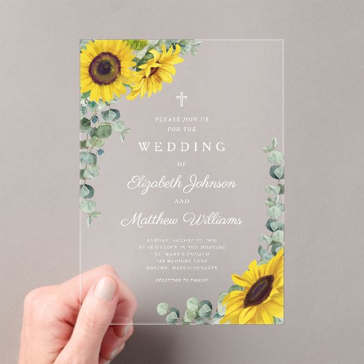 宗教的なクロスセージ緑のレースひまわり アクリル招待状 (インサイチュ (ポータブル))