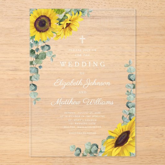 宗教的なクロスセージ緑のレースひまわり アクリル招待状 (正面)