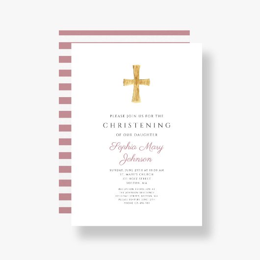 宗教的なクロスピンクストライプの女の子《キリスト教》洗礼式や命名式 招待状