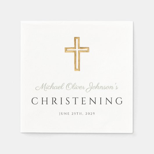 宗教的なセージ緑のウッドクロス《キリスト教》洗礼式や命名式 スタンダードカクテルナプキン (正面)