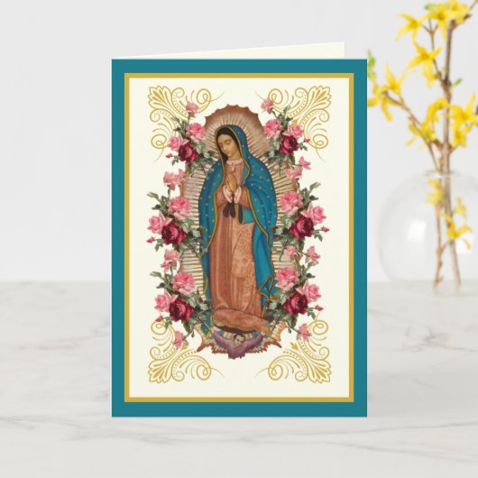 宗教的なバラの聖母マリア グアダルペのスペイン語イメージ カード (黄色い花)