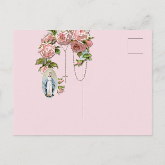 宗教的なピンクローズロザリオヴァージンメアリーヴィンテージ ポストカード (裏面)