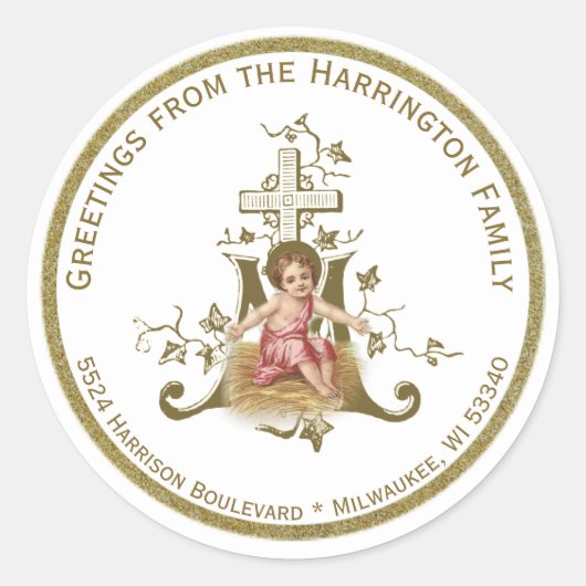 宗教的なベビー・イェス・クリスマス・ゴールド・マリアン・クロス ラウンドシール (正面)