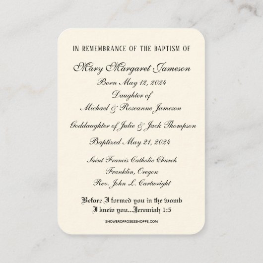 宗教的なマリアとベビーイエスのバプテスマの記憶 名刺 (裏面)