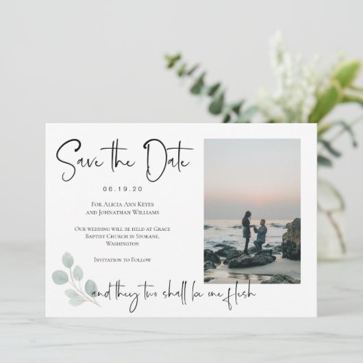 宗教的なユーカリ日付を保存フォトカード セーブザデート (スタンド正面)