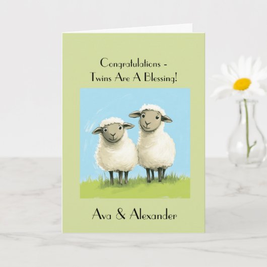 宗教的な双子の赤ちゃんシャワーおめでとう、双子 カード (小さな植物)