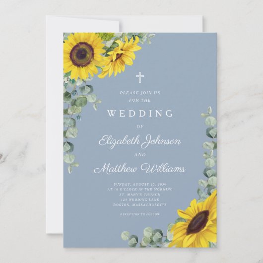 宗教的な埃っぽい青いフローラひまわり結婚の 招待状 (正面)