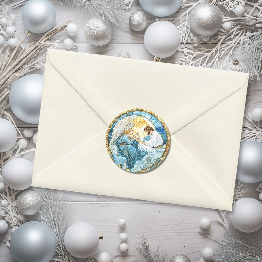 宗教的な天使ステンドグラス ホリデーブルー ラウンドシール