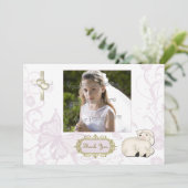 宗教的な子羊、クロス、紫のフローラフォトカード サンキューカード (スタンド正面)