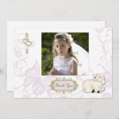 宗教的な子羊、クロス、紫のフローラフォトカード サンキューカード (正面/裏面)