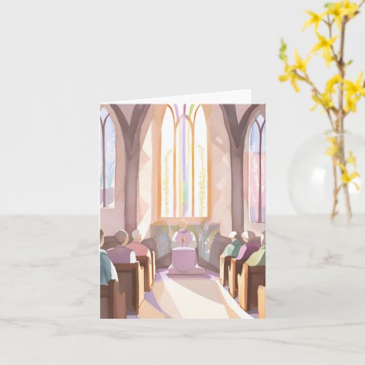 宗教的な教会の水彩画 | 休日の祈り カード (黄色い花)