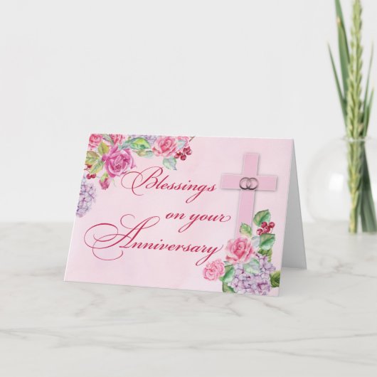 宗教的な結婚記念日のリング ピンクのクロス カード (正面)