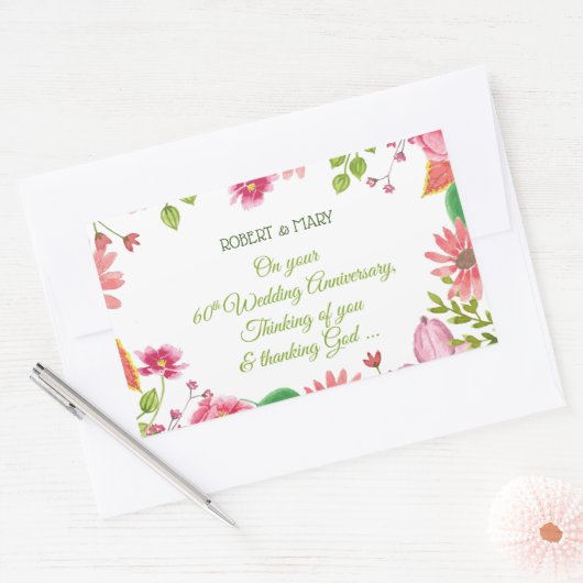 宗教的な結婚60周年記念の花 長方形シール (封筒)