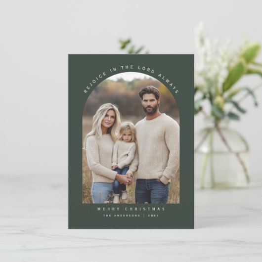宗教的な緑のアーチ写真のクリスマスを喜ぶ シーズンカード (スタンド正面)