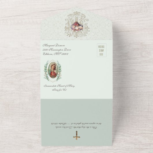 宗教的な聖母マリアの花のヴィンテージ誕生日 オールインワン招待状 (外側)