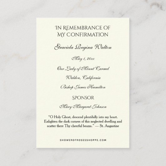 宗教的な聖餐式の確認女の聖カード –  エンクロージャーカード (裏面)