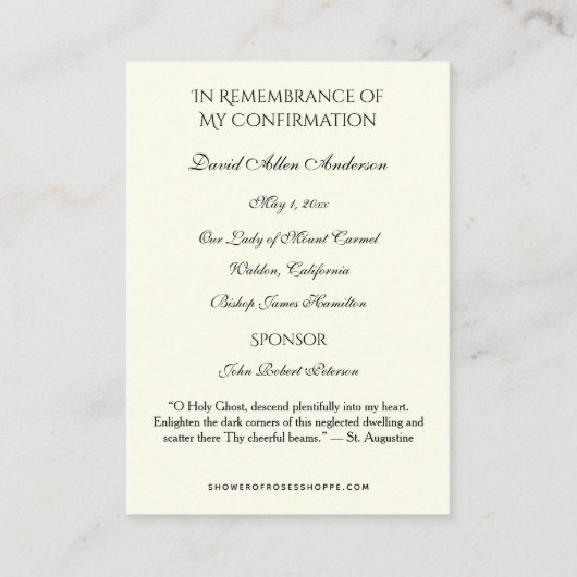 宗教的な聖餐式の確認聖カード – エンクロージャーカード (裏面)