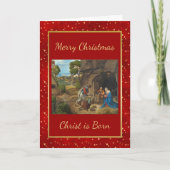 宗教的な赤い金ゴールドスター出生写真クリスマス カード (正面)