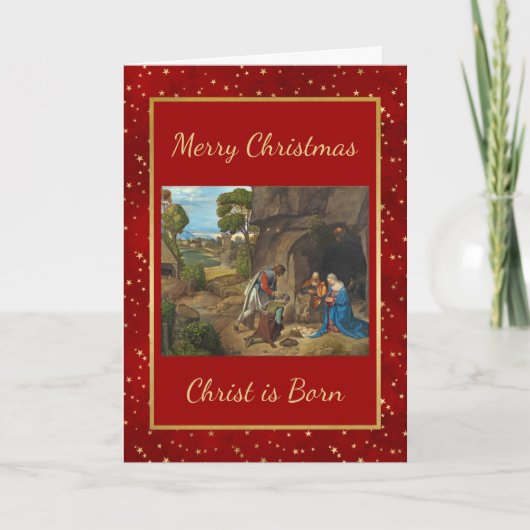宗教的な赤い金ゴールドスター出生写真クリスマス カード (正面)