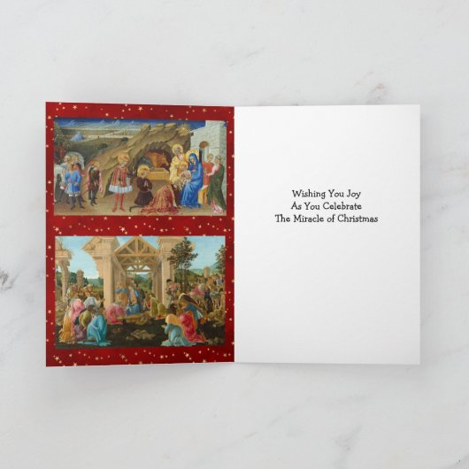 宗教的な赤い金ゴールドスター出生写真クリスマス カード (内部)