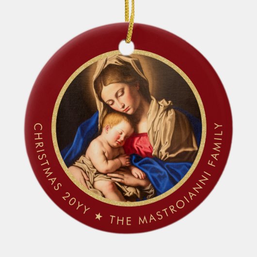 宗教的な赤と金ゴールドマドンナ&チャイルドクリスマス セラミックオーナメント (正面)