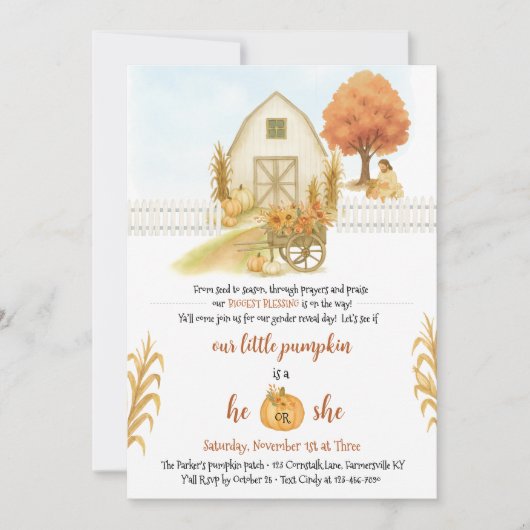 宗教的な農村風の秋の性別発表招待状 招待状 (正面)