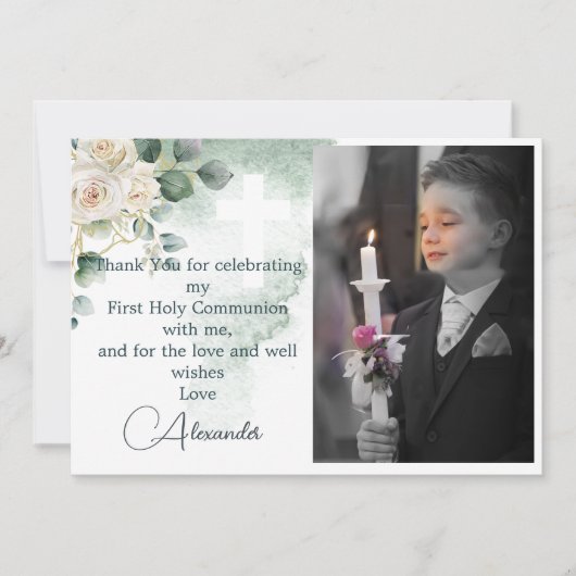 宗教的にありがとう写真金ゴールドバラ緑 招待状 (正面)