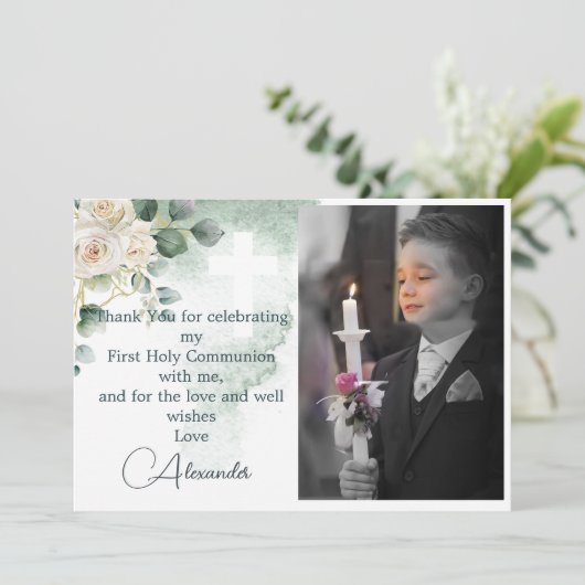 宗教的にありがとう写真金ゴールドバラ緑 招待状 (スタンド正面)