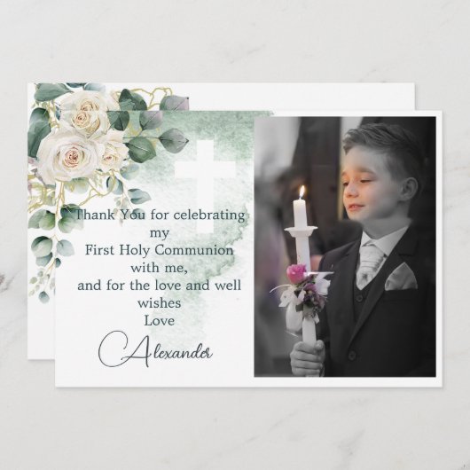 宗教的にありがとう写真金ゴールドバラ緑 招待状 (正面/裏面)