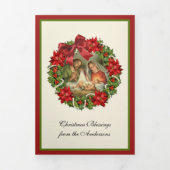 宗教的イエスメリージョセフ出生ポインセチア 三つ折りクリスマスカード (カバー)