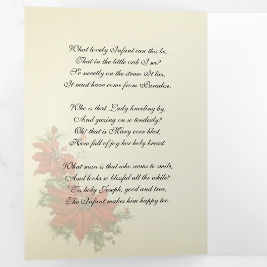 宗教的イエスメリージョセフ出生ポインセチア 三つ折りクリスマスカード (内部最初)