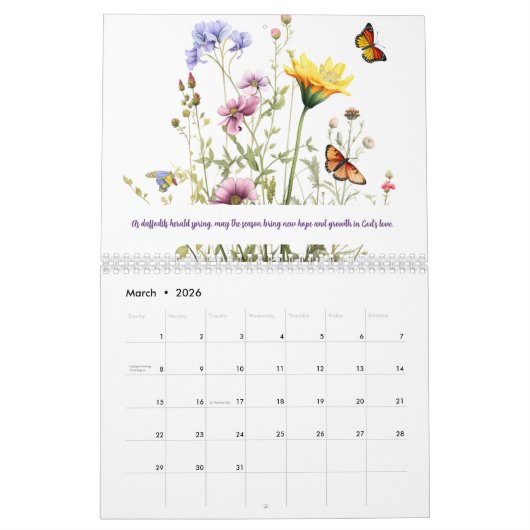 宗教的インスピレーションを得た水彩野草 カレンダー (3月 2026)