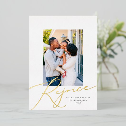 宗教的エレガントなクリスマス写真金ゴールドを喜ぶ 箔シーズンカード (立ち正面)