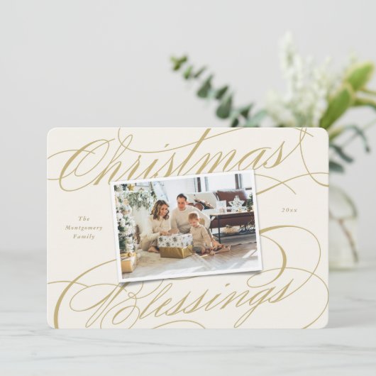 宗教的エレガントなクリスマス恵みのスクリプト写真 シーズンカード (スタンド正面)